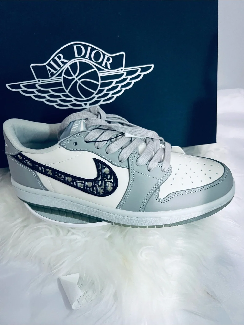 Jordan Low Top Sneaker — White & Light Gray with Black Monogram Swoosh